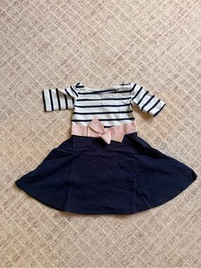 Navy Stripe & Pink Bow Casual Girls Dress